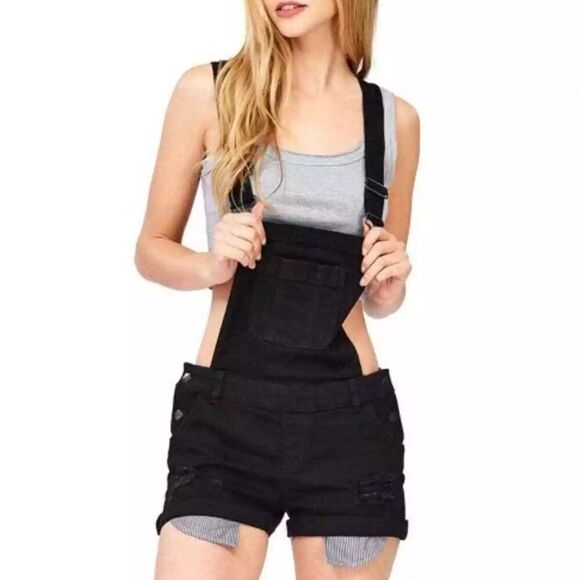 Wax Jean Black Denim Romper Overall Shorts - Size M - Picture 1 of 9